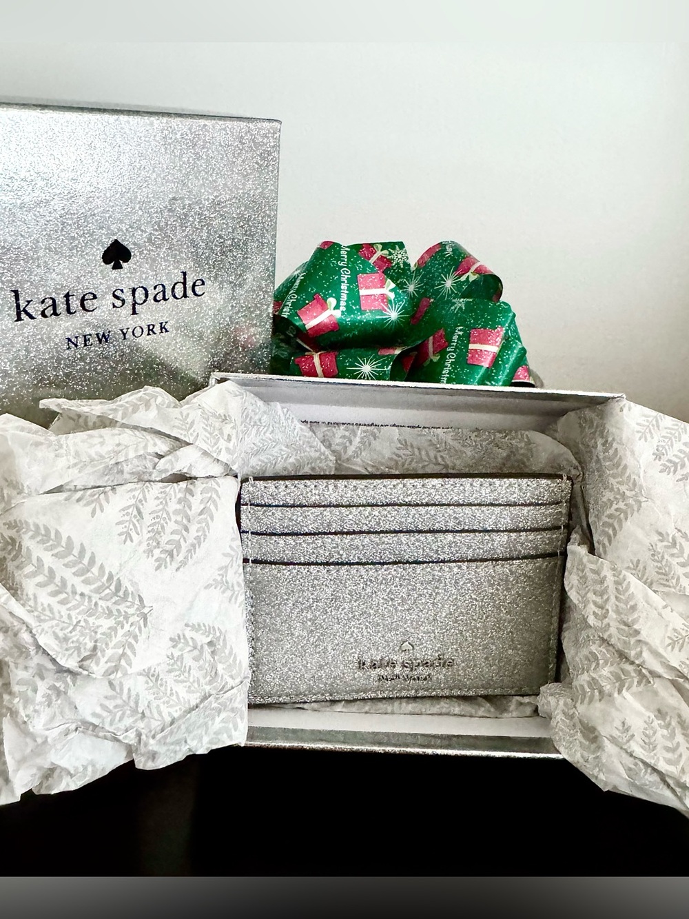 NIB Kate Spade Lunar Light Silver Glitter Boxed Small Slim Cardholder Wallet - Picture 2 of 8